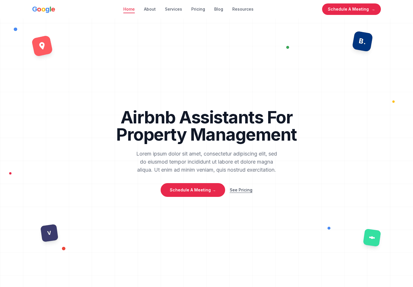 HostFlow property-management landing page with a centered headline, service actions and floating brand illustrations.